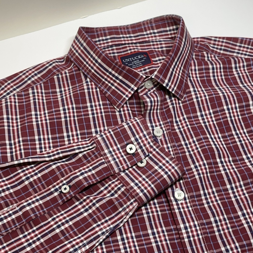 Untuckit Men L Red Plaid Shirt‎ Long Sleeve Button Up Slim Fit Business Casual